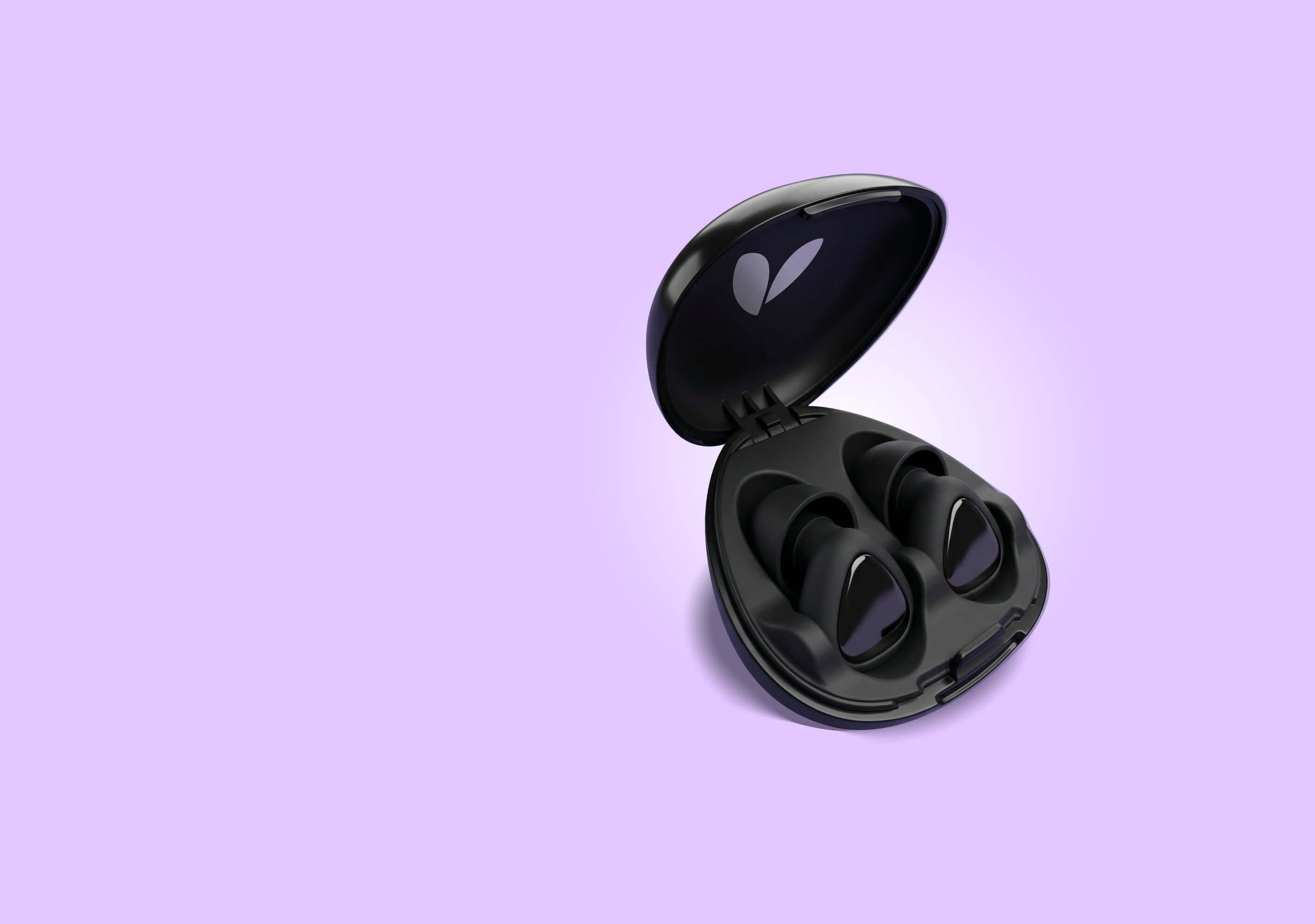 Black earplugs in an open case on a light purple background