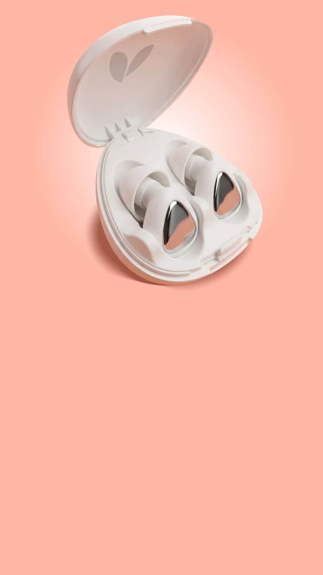 White earplugs in an open case on a peach background
