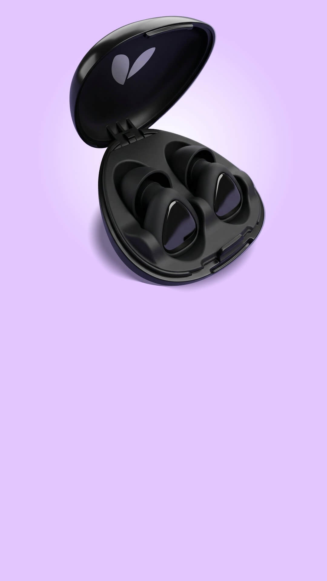 Black earplugs in an open case on a light purple background